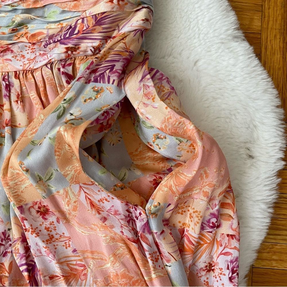 AMUR  Strapless Floral Maxi Dress Size 4 Peach Blue Smocked Bodice Wide Leg Flow - Picture 9 of 13